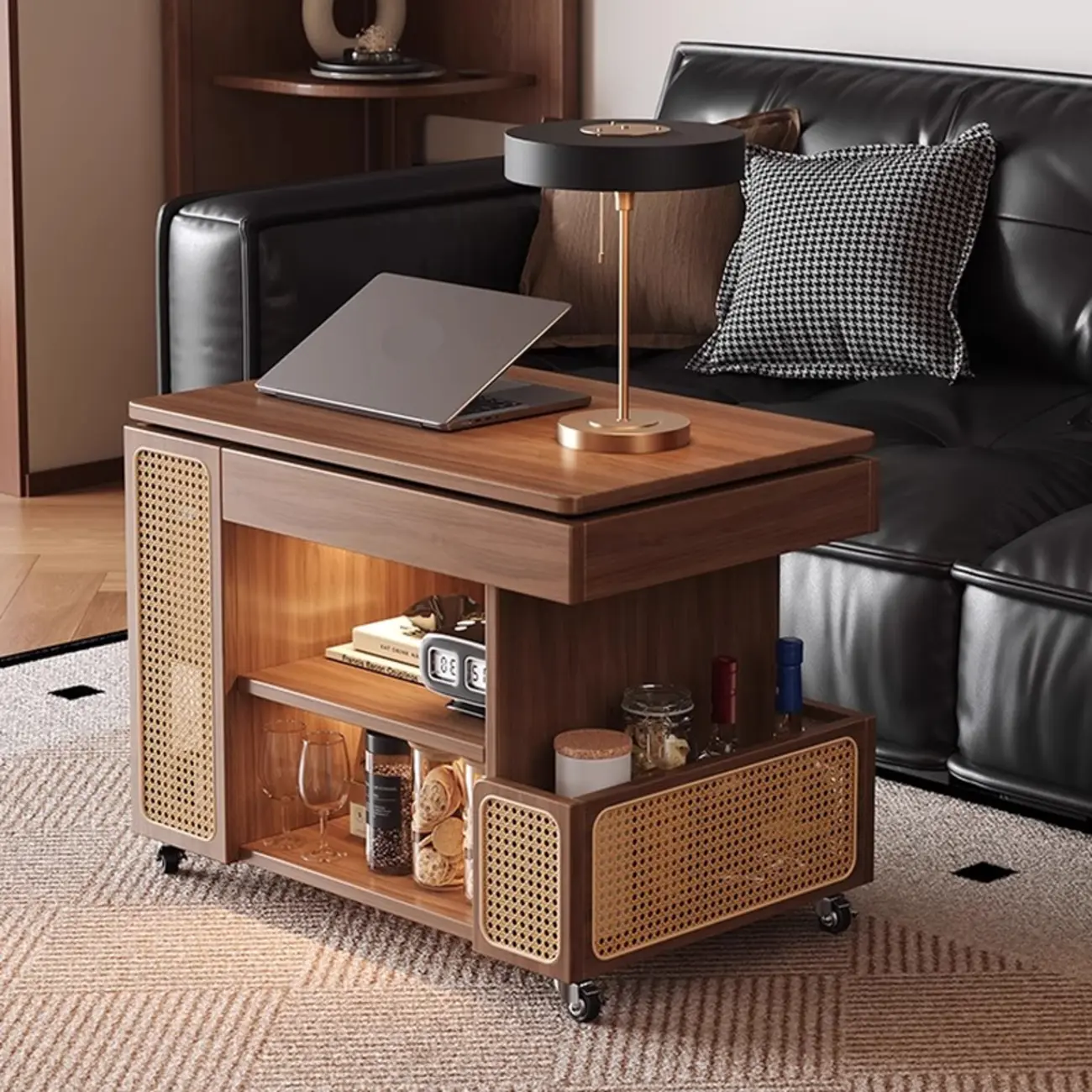 Nut-brown Adjustable Lift Top Wood Trolly Side Table Image - 1 | homeyfad
