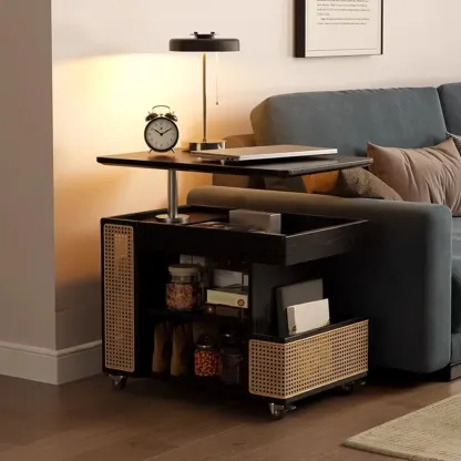 Nut-brown Adjustable Lift Top Wood Trolly Side Table Image - 3