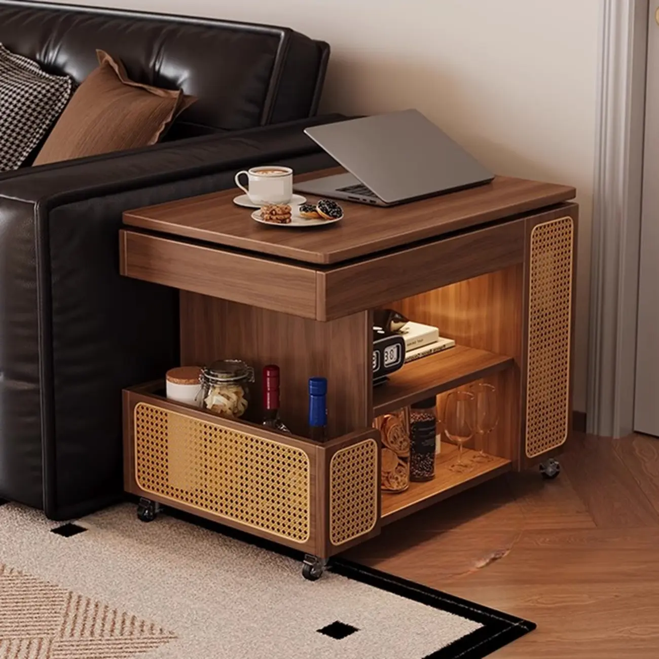 Nut-brown Adjustable Lift Top Wood Trolly Side Table Image - 4 | homeyfad