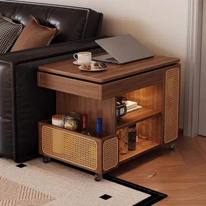 Nut-brown Adjustable Lift Top Wood Trolly Side Table Image - 4