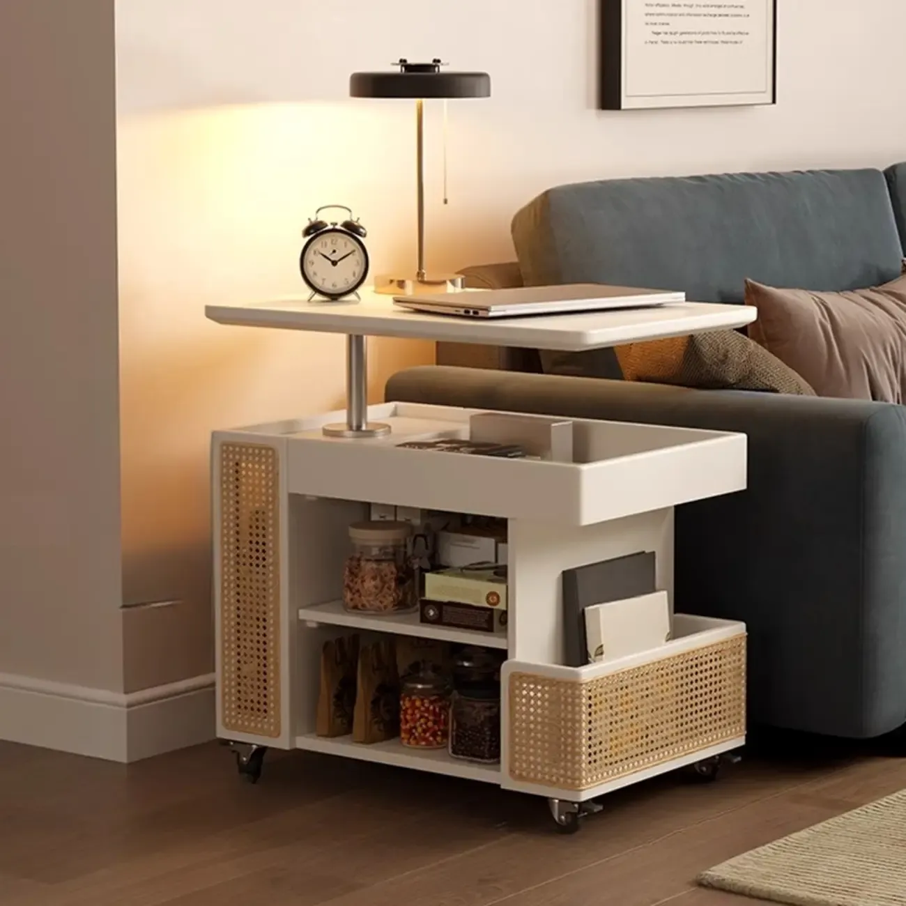 Nut-brown Adjustable Lift Top Wood Trolly Side Table Image - 5