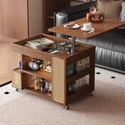 Nut-brown Adjustable Lift Top Wood Trolly Side Table Image - 6