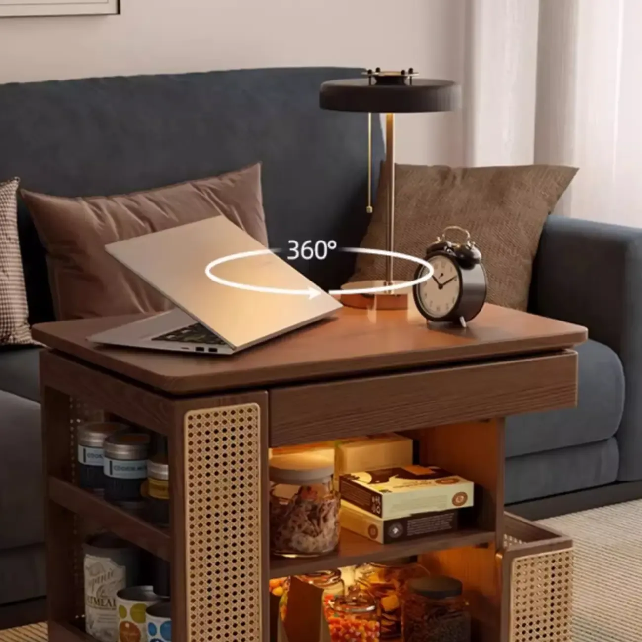 Nut-brown Adjustable Lift Top Wood Trolly Side Table Image - 10