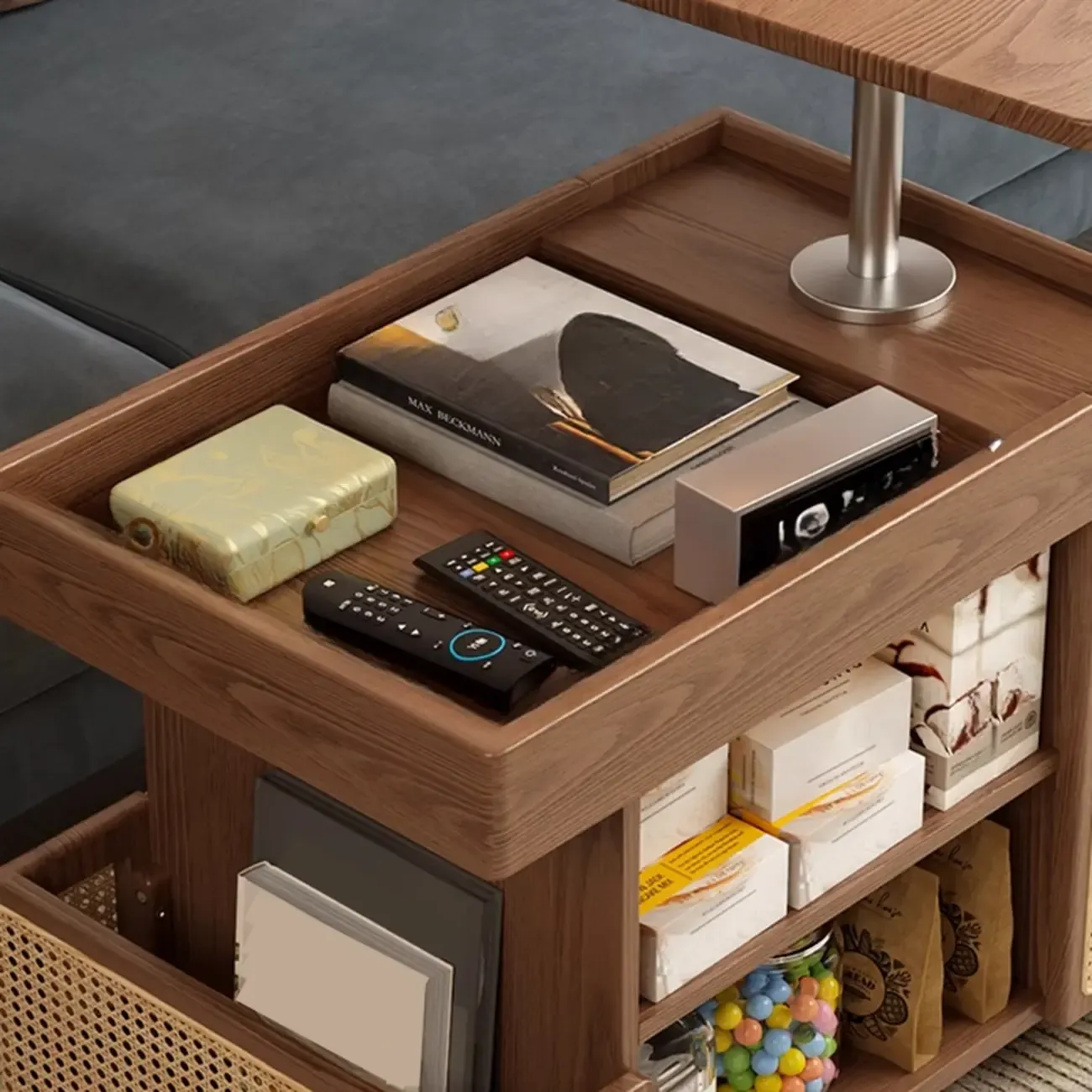 Nut-brown Adjustable Lift Top Wood Trolly Side Table Image - 12