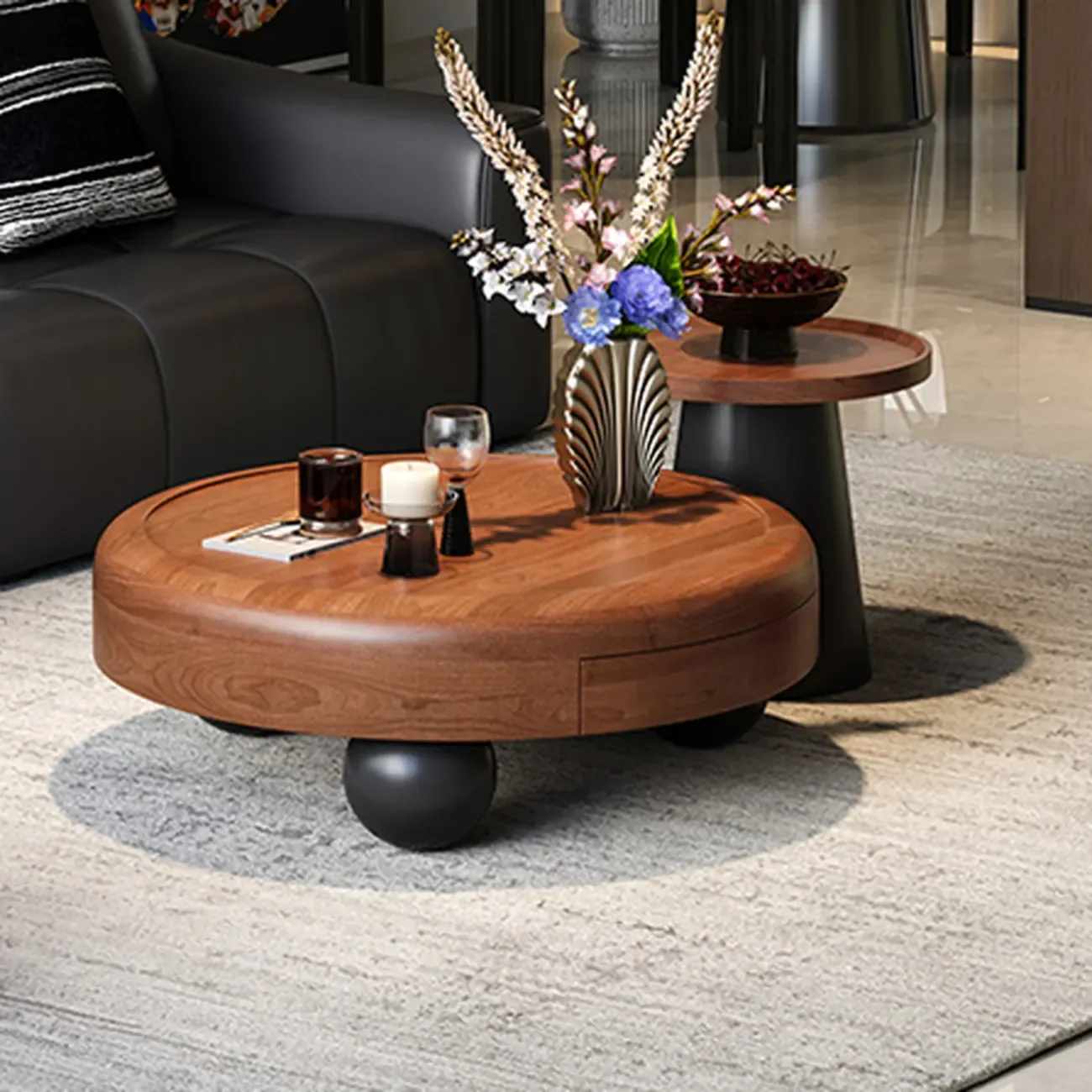 Brown Minimalist Pecan Wood Round Table With Tripod Base Image - 1