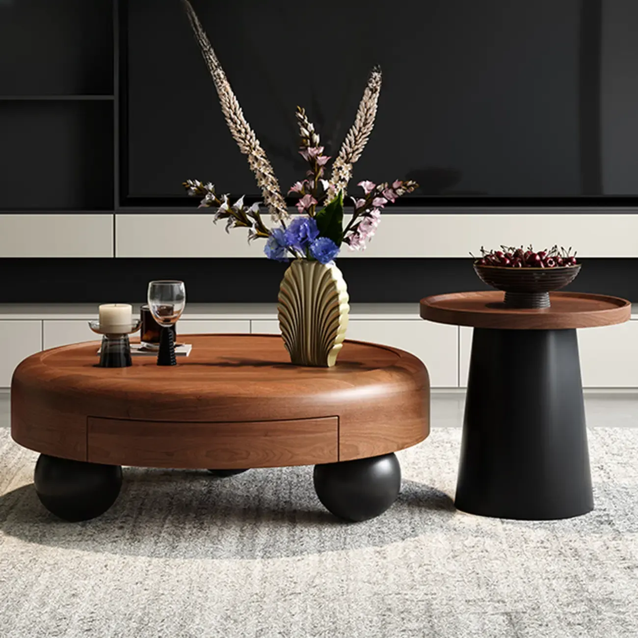 Brown Minimalist Pecan Wood Round Table With Tripod Base Image - 2