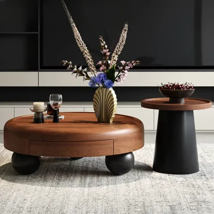 Brown Minimalist Pecan Wood Round Table With Tripod Base Image - 2