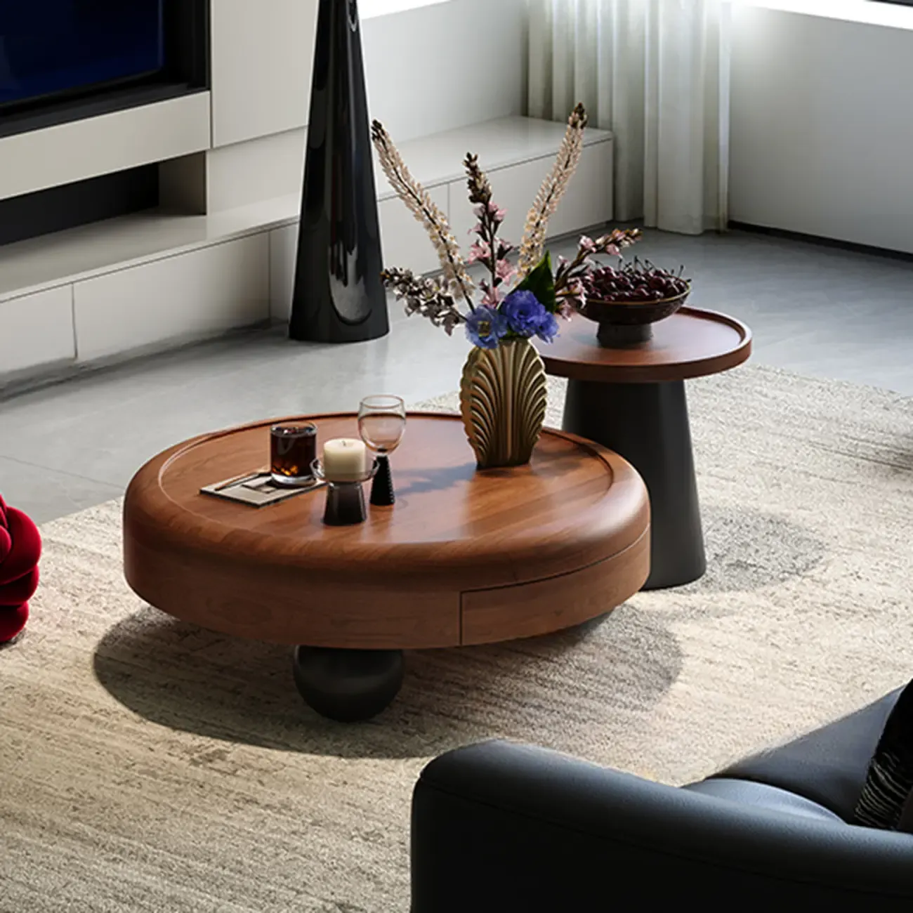 Brown Minimalist Pecan Wood Round Table With Tripod Base Image - 3