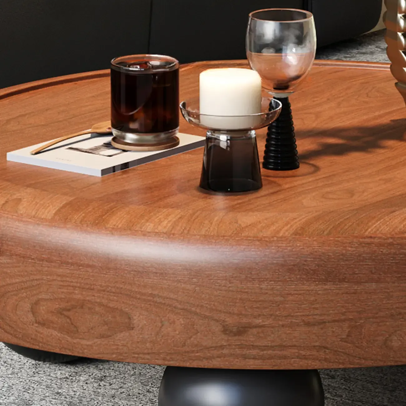 Brown Minimalist Pecan Wood Round Table With Tripod Base Image - 6