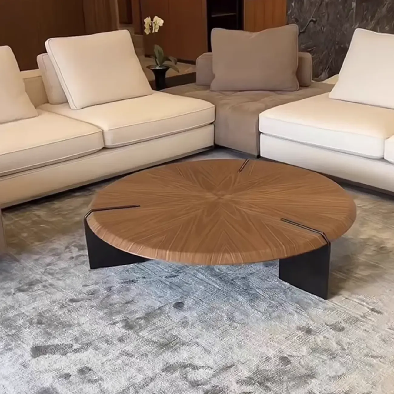 Round Modern Wood Stainless Steel Living Room Coffee Table Image - 6