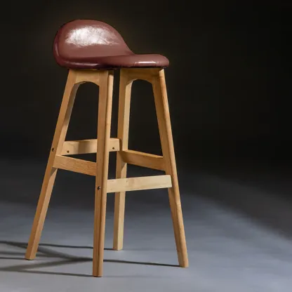 Bar Height Footrest Leather Low Back Wood Bar Stools Image - 1