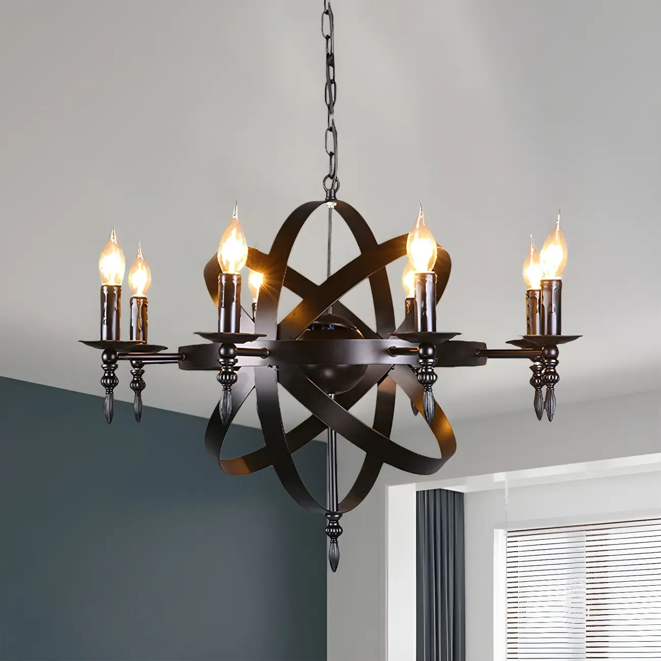 Large Industrial Black Metal Round Candle Chandelier Image - 1