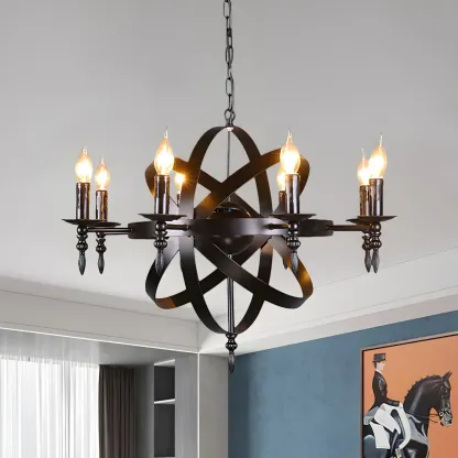 Large Industrial Black Metal Round Candle Chandelier Image - 4