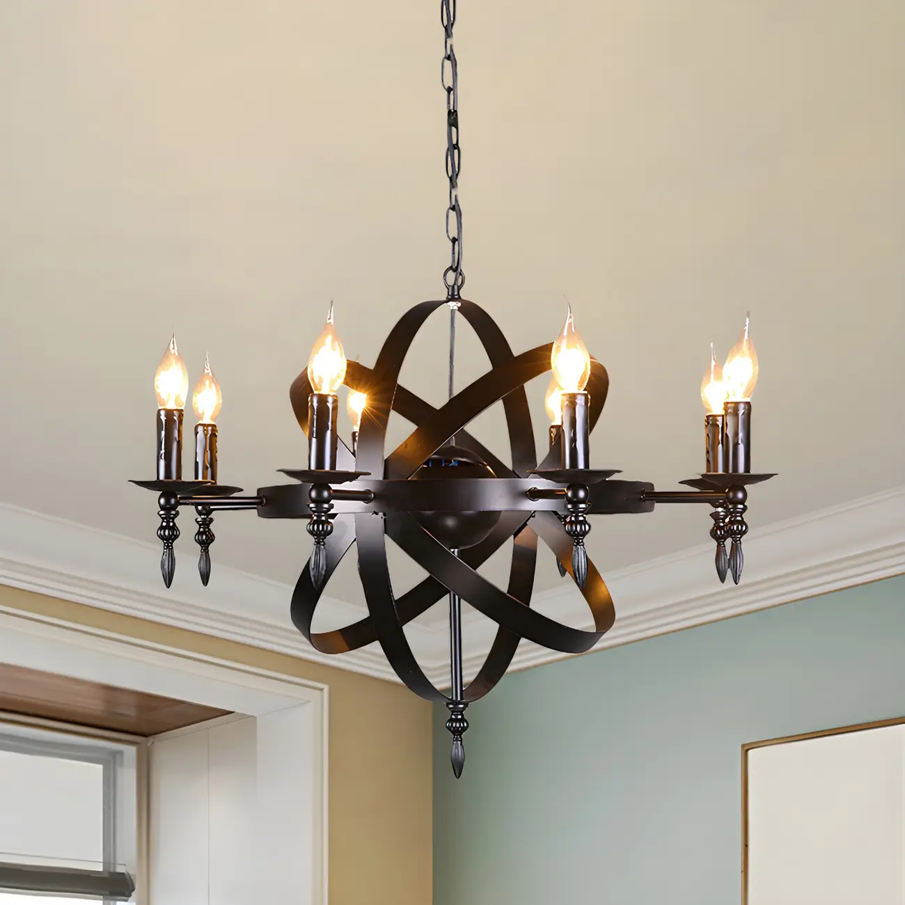 Large Industrial Black Metal Round Candle Chandelier Image - 3 | homeyfad