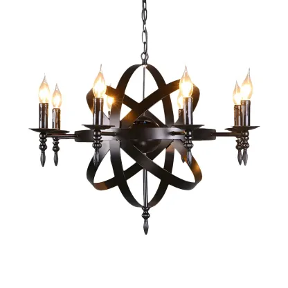 Large Industrial Black Metal Round Candle Chandelier Image - 18