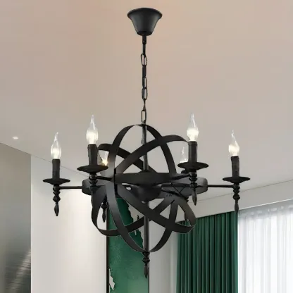 Large Industrial Black Metal Round Candle Chandelier Image - 9