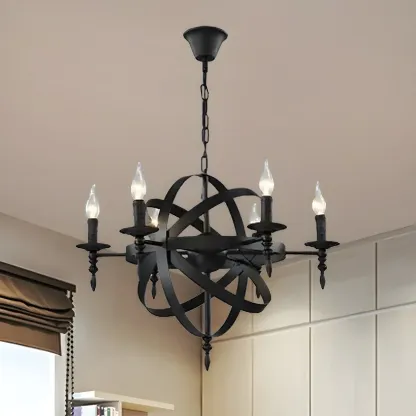 Large Industrial Black Metal Round Candle Chandelier Image - 17