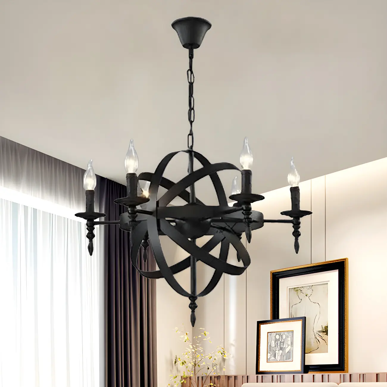 Large Industrial Black Metal Round Candle Chandelier Image - 15 | homeyfad