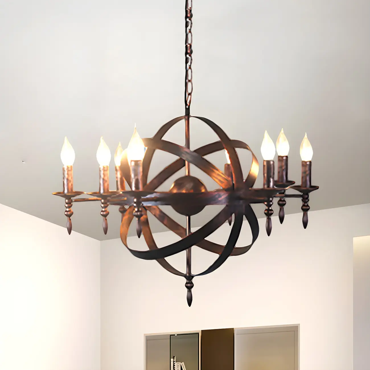 Large Industrial Black Metal Round Candle Chandelier Image - 7 | homeyfad