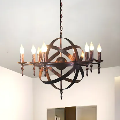 Large Industrial Black Metal Round Candle Chandelier Image - 7