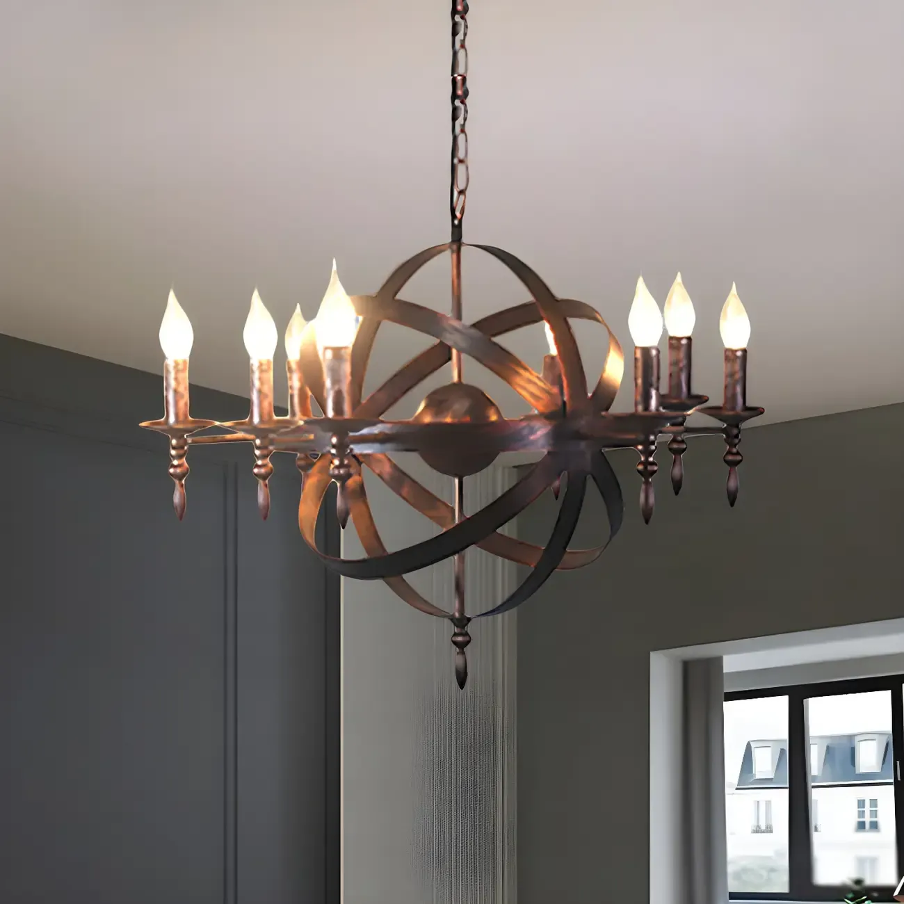 Large Industrial Black Metal Round Candle Chandelier Image - 6