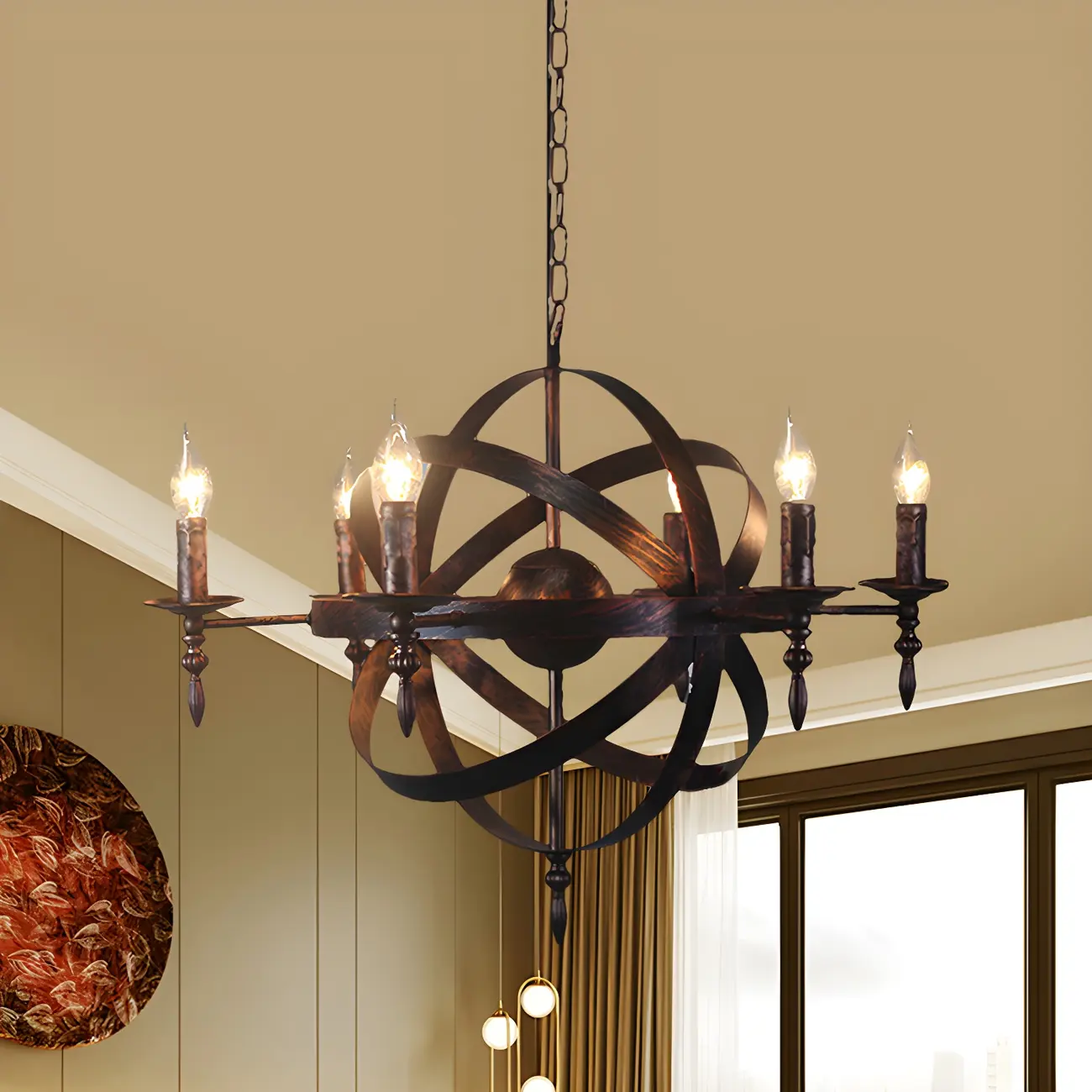 Large Industrial Black Metal Round Candle Chandelier Image - 10 | homeyfad