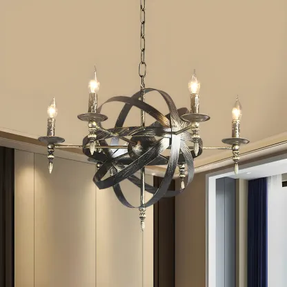 Large Industrial Black Metal Round Candle Chandelier Image - 5