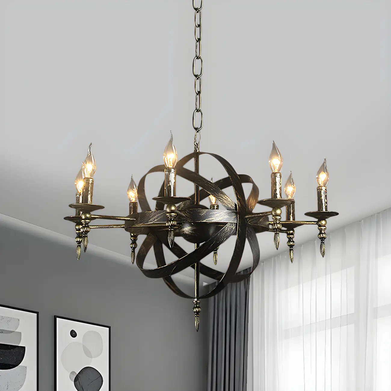 Large Industrial Black Metal Round Candle Chandelier Image - 12 | homeyfad