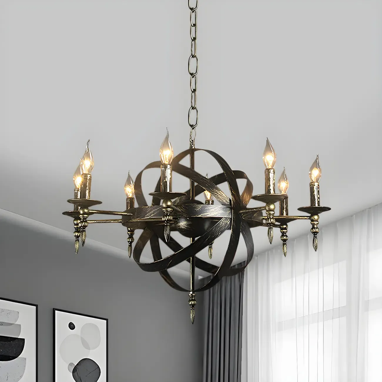 Large Industrial Black Metal Round Candle Chandelier Image - 12