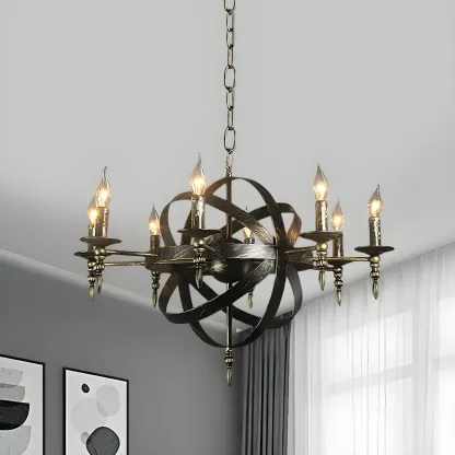 Large Industrial Black Metal Round Candle Chandelier Image - 12