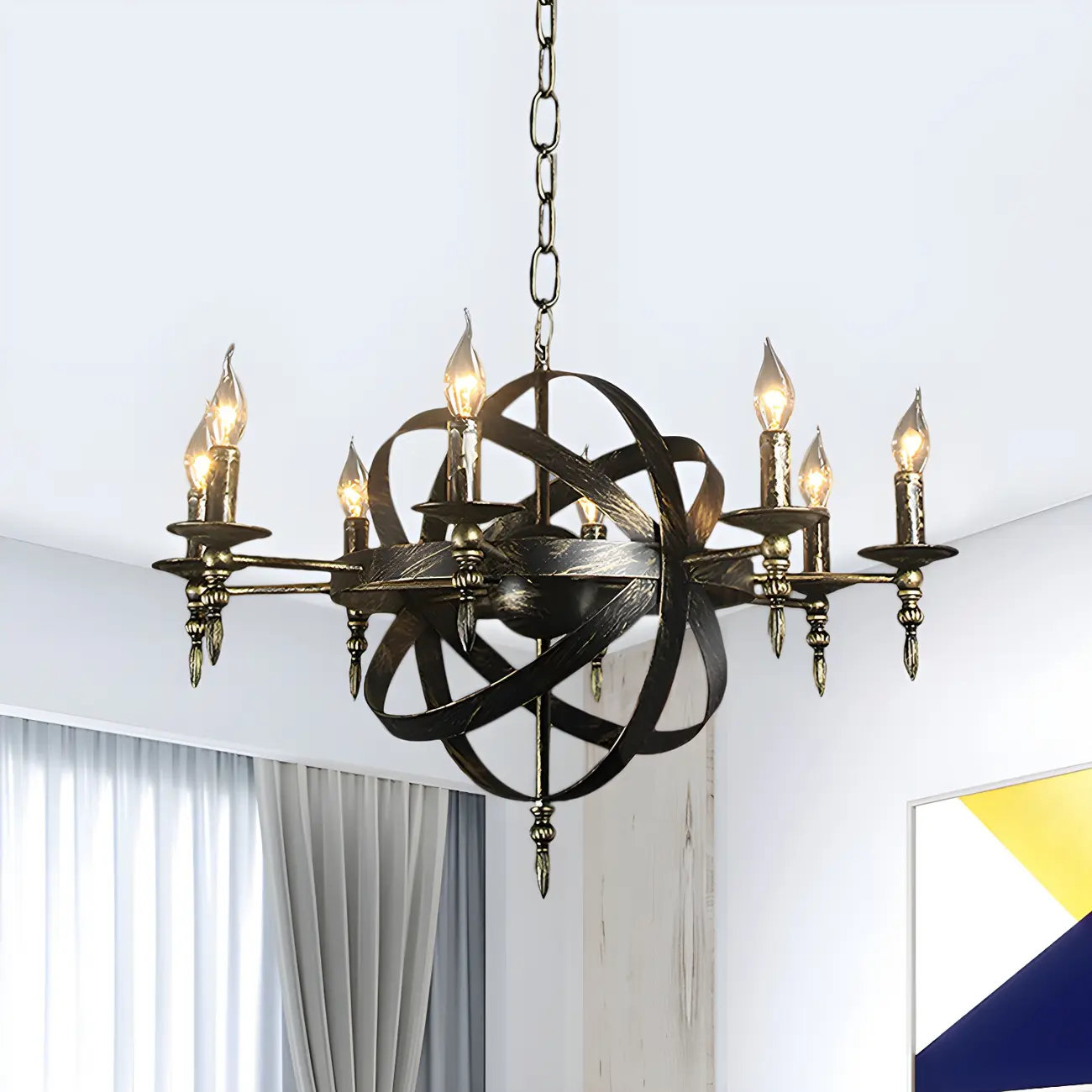 Large Industrial Black Metal Round Candle Chandelier Image - 13 | homeyfad