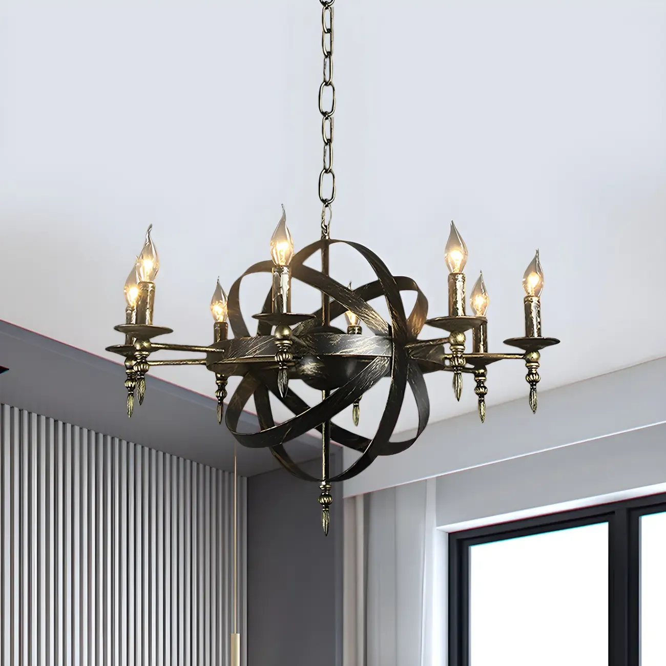 Large Industrial Black Metal Round Candle Chandelier Image - 11