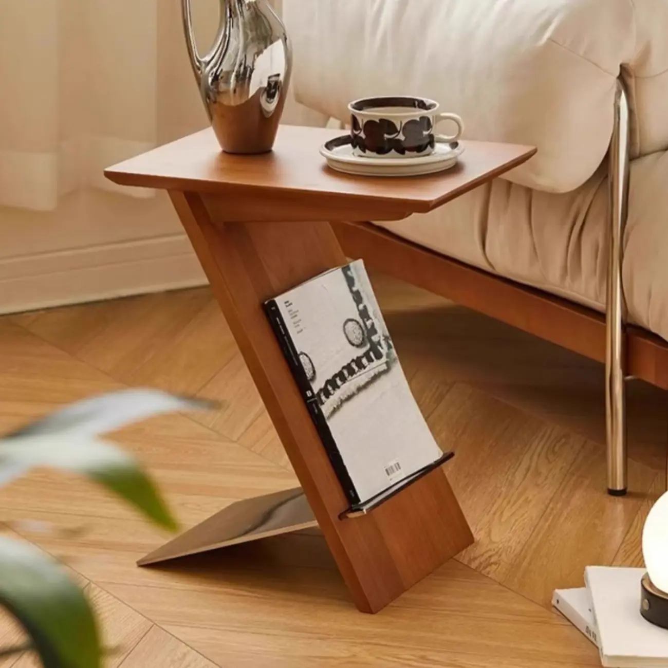 Mid Century Modern Z-shaped Wooden Side Table With Book Rack Image - 1 | homeyfad