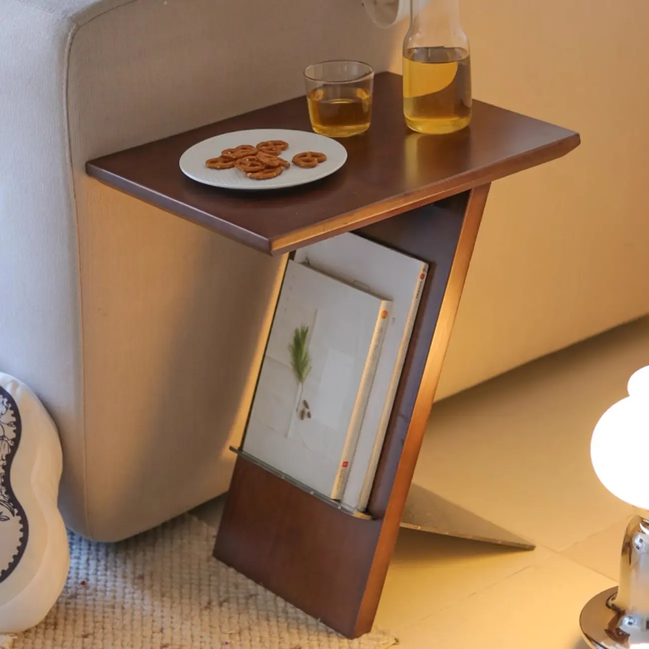 Mid Century Modern Z-shaped Wooden Side Table With Book Rack Image - 2 | homeyfad