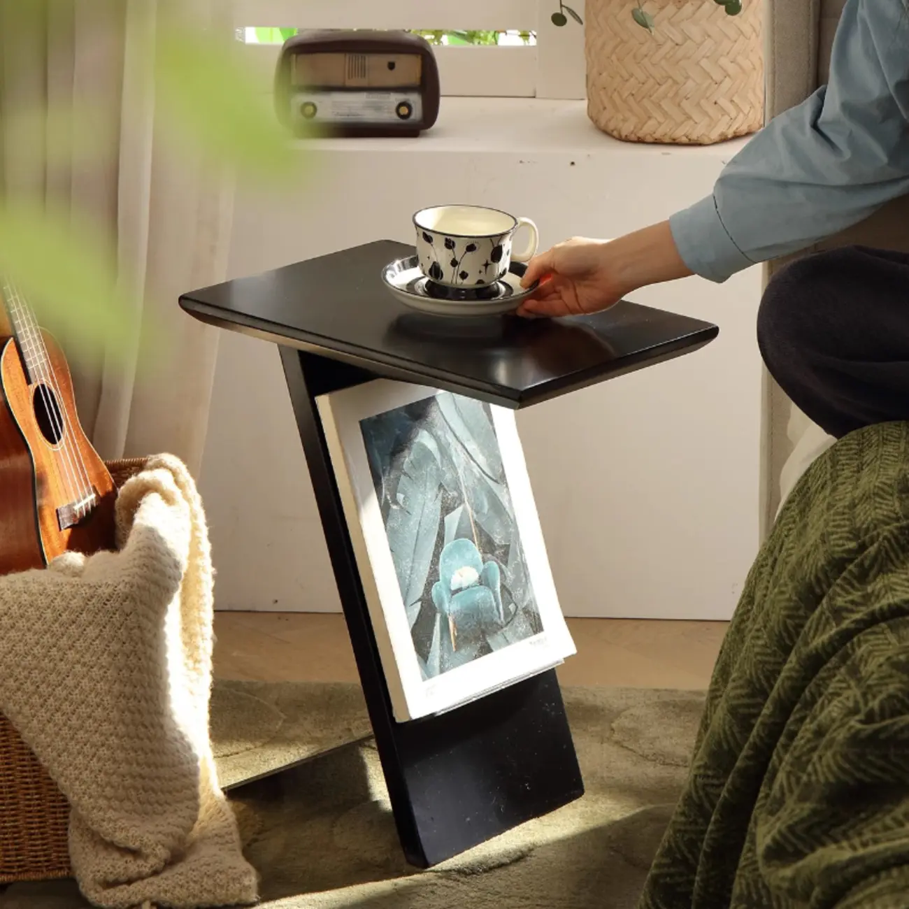 Mid Century Modern Z-shaped Wooden Side Table With Book Rack Image - 3 | homeyfad