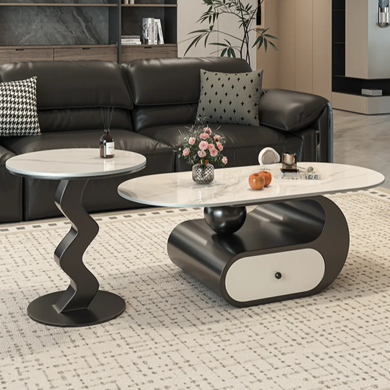 Contemporary 2-Tier Oval Coffee Table with Geometric Base Image - 1 | homeyfad