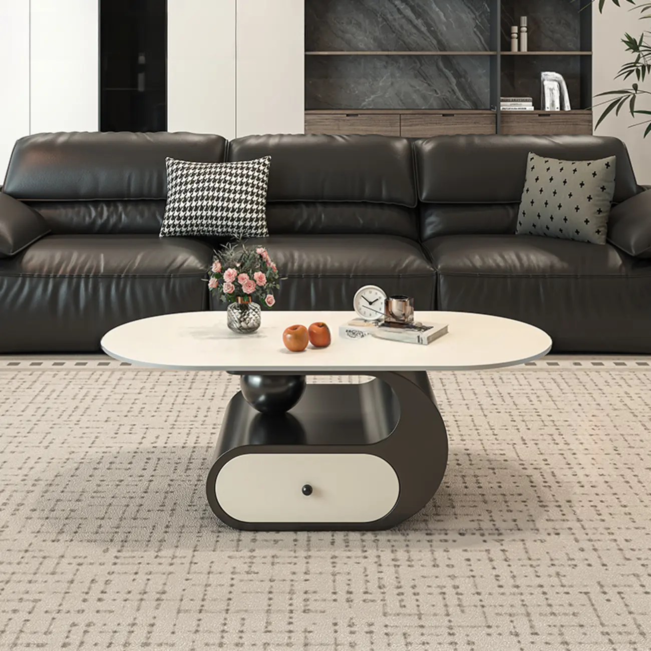 Contemporary 2-Tier Oval Coffee Table with Geometric Base Image - 3 | homeyfad