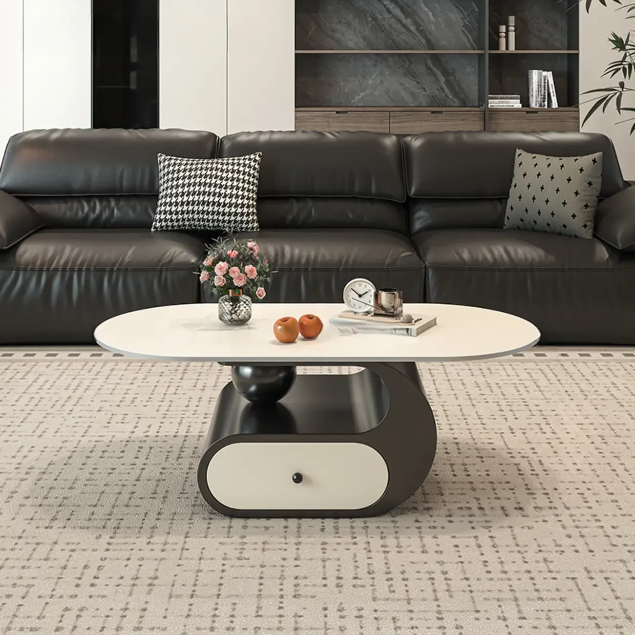 Contemporary 2-Tier Oval Coffee Table with Geometric Base Image - 5