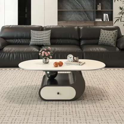 Contemporary 2-Tier Oval Coffee Table with Geometric Base Image - 5