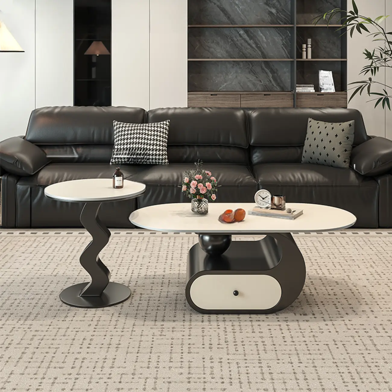 Contemporary 2-Tier Oval Coffee Table with Geometric Base Image - 8 | homeyfad