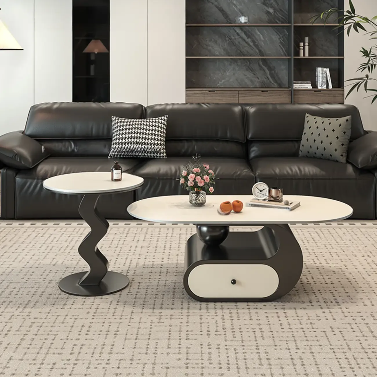 Contemporary 2-Tier Oval Coffee Table with Geometric Base Image - 10