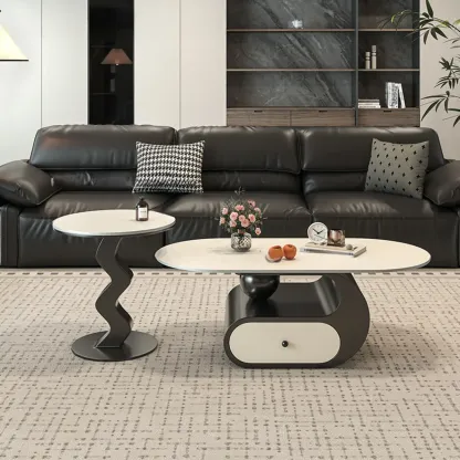 Contemporary 2-Tier Oval Coffee Table with Geometric Base Image - 10