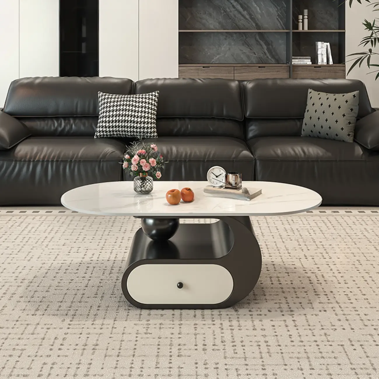 Contemporary 2-Tier Oval Coffee Table with Geometric Base Image - 12