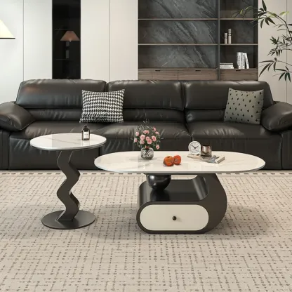 Contemporary 2-Tier Oval Coffee Table with Geometric Base Image - 15
