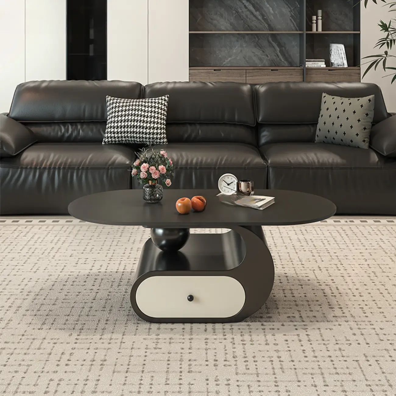 Contemporary 2-Tier Oval Coffee Table with Geometric Base Image - 17