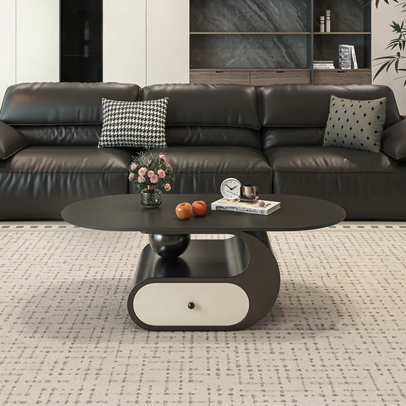 Contemporary 2-Tier Oval Coffee Table with Geometric Base Image - 19
