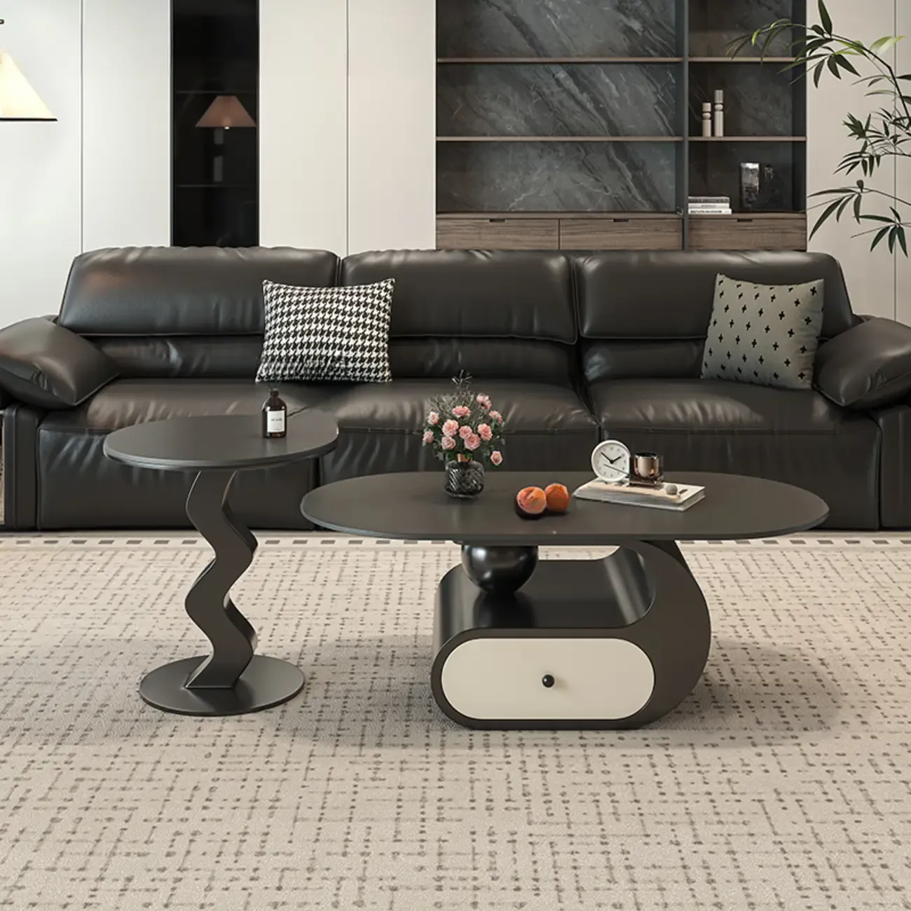 Contemporary 2-Tier Oval Coffee Table with Geometric Base Image - 20