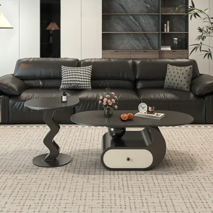 Contemporary 2-Tier Oval Coffee Table with Geometric Base Image - 20