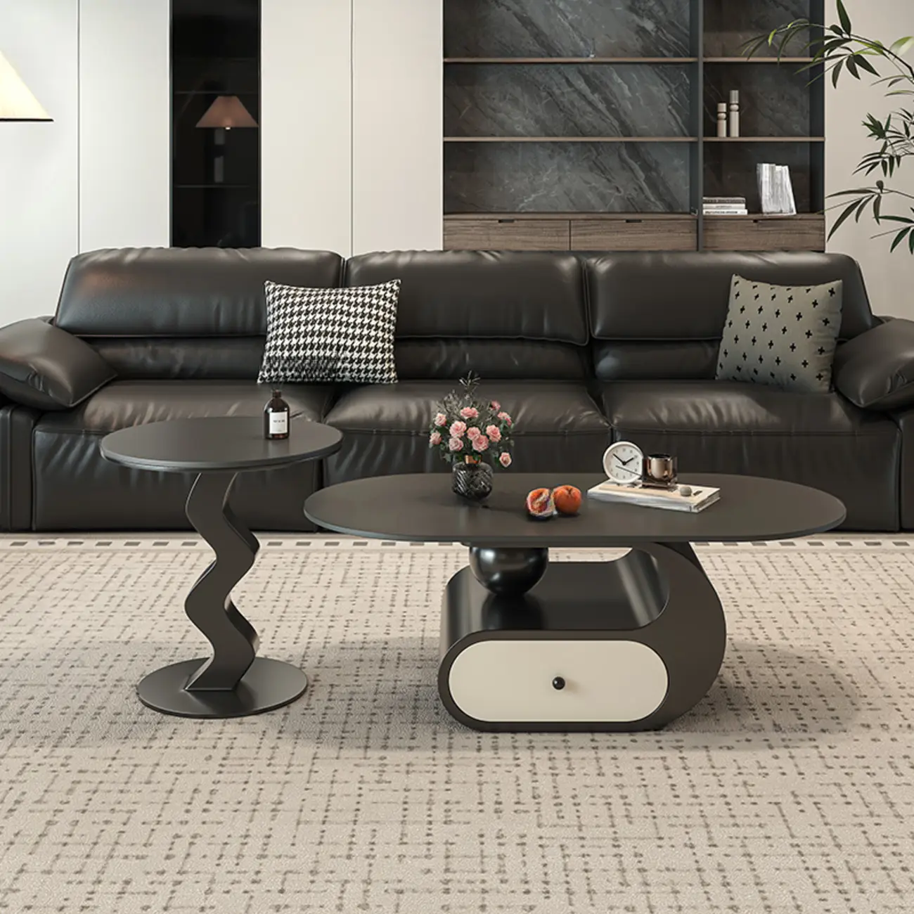 Contemporary 2-Tier Oval Coffee Table with Geometric Base Image - 22 | homeyfad