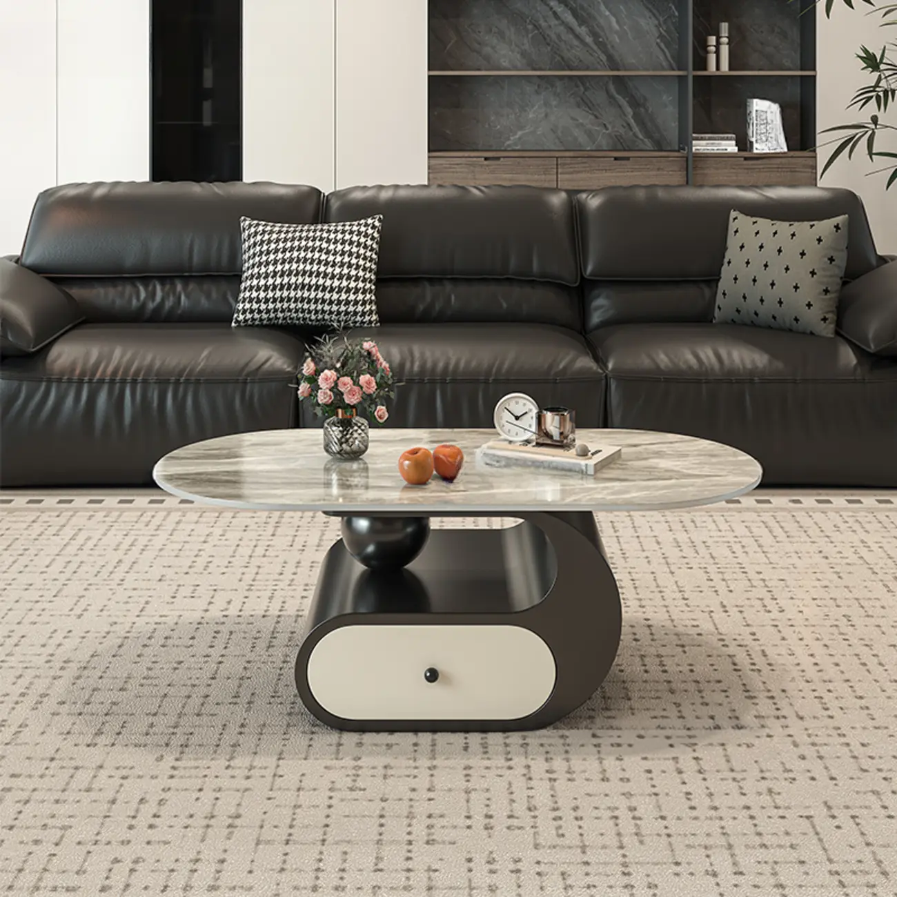 Contemporary 2-Tier Oval Coffee Table with Geometric Base Image - 23 | homeyfad